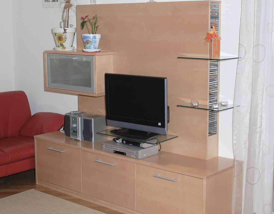 TV-Schrank mit integriertem Glaskasten und Glasregalen