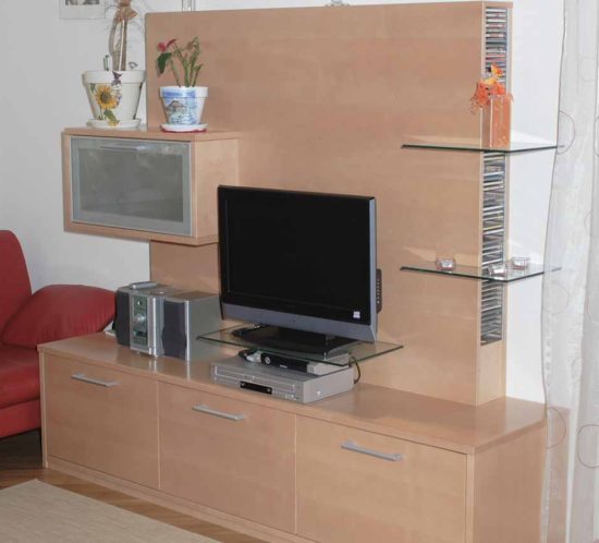 TV-Schrank mit integriertem Glaskasten und Glasregalen
