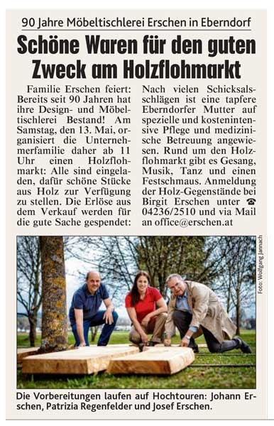 Firma Erschen bekommt einen eigenen Beitrag in der Zeitung über ihren Holzflohmarkt für den guten Zweck