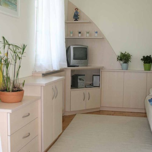 Wohnzimmer mit Eckschrank und TV, Pflanzen auf dem Schrank.