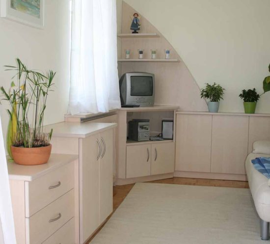 Wohnzimmer mit Eckschrank und TV, Pflanzen auf dem Schrank.